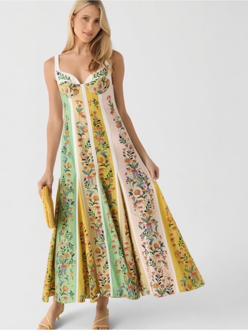 Christian Lacroix Floral Stripes Linen Sweetheart Neckline Sleeveless Maxi Dress
